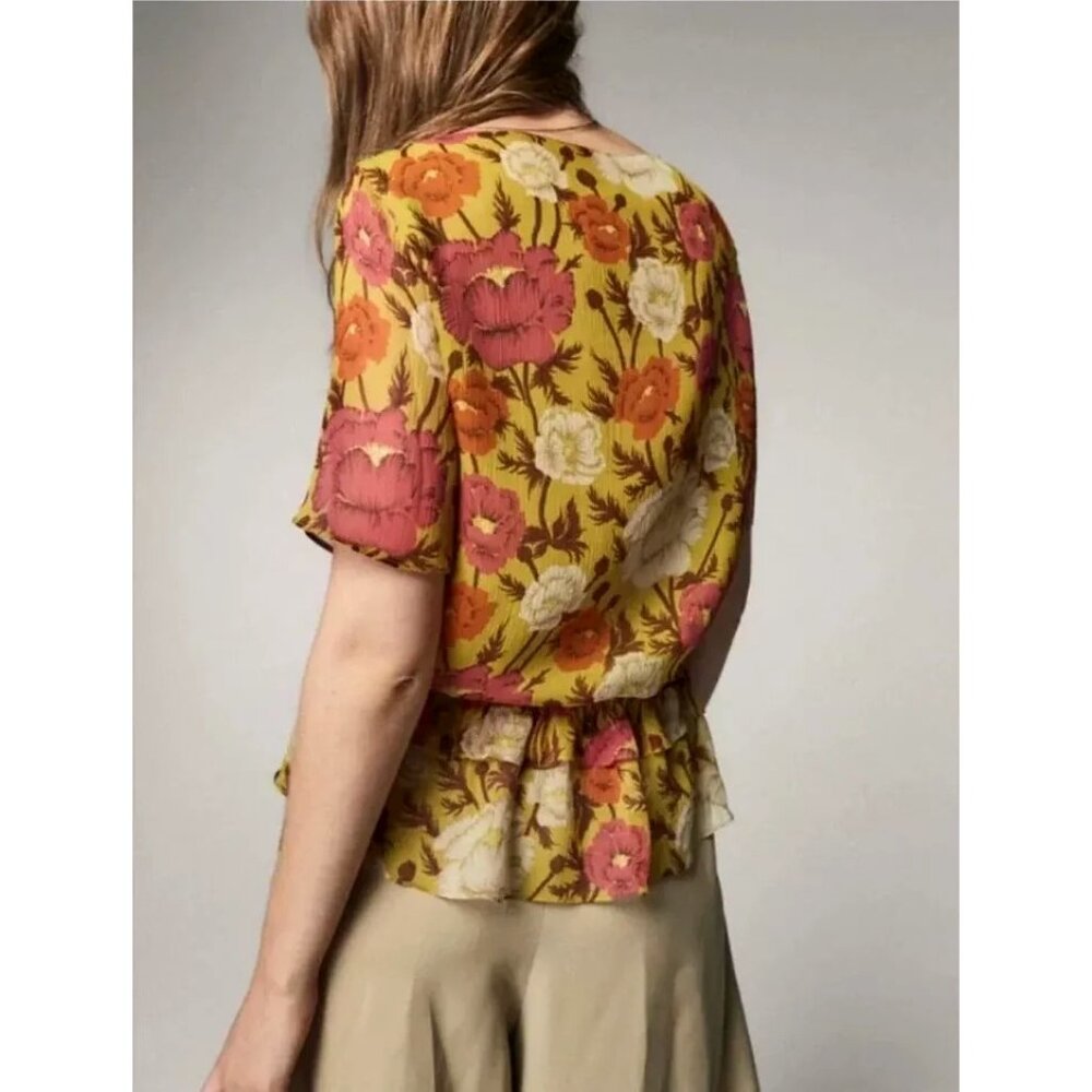 NWT Massimo Dutti mulberry silk chartreuse floral ruffle blouse - Picture 3 of 6